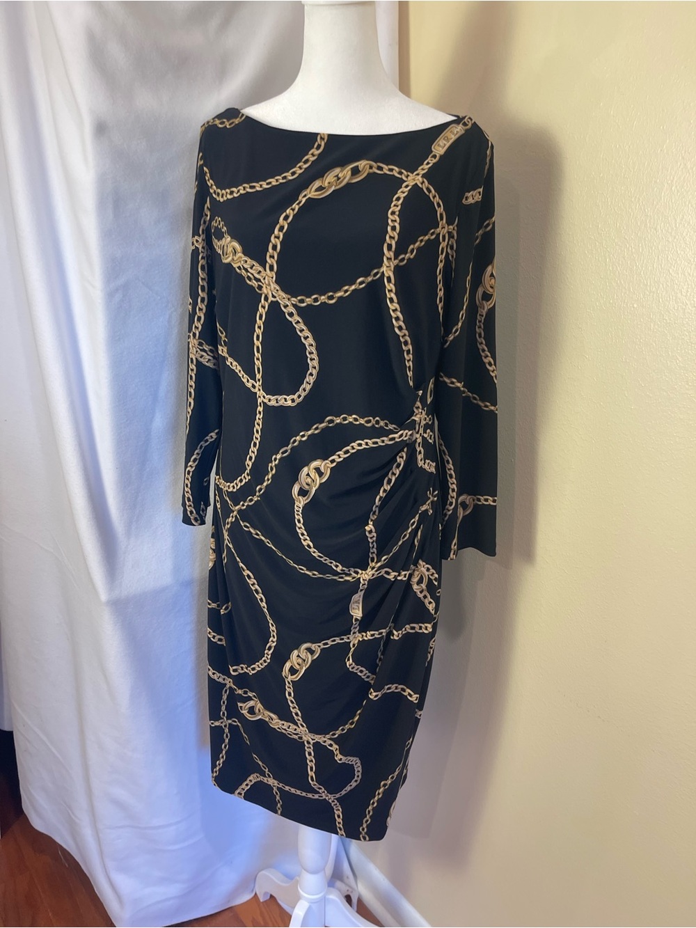 Lauren Ralph Lauren Black Gold Chain Print Faux Wrap Dress 14 Stretchy Ruched - Picture 2 of 16